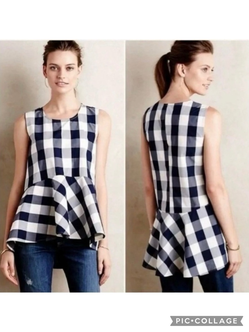 HD in Paris Top Blue Ecru Gingham Peplum High Low Sleeveless 4 Preppy Anthro